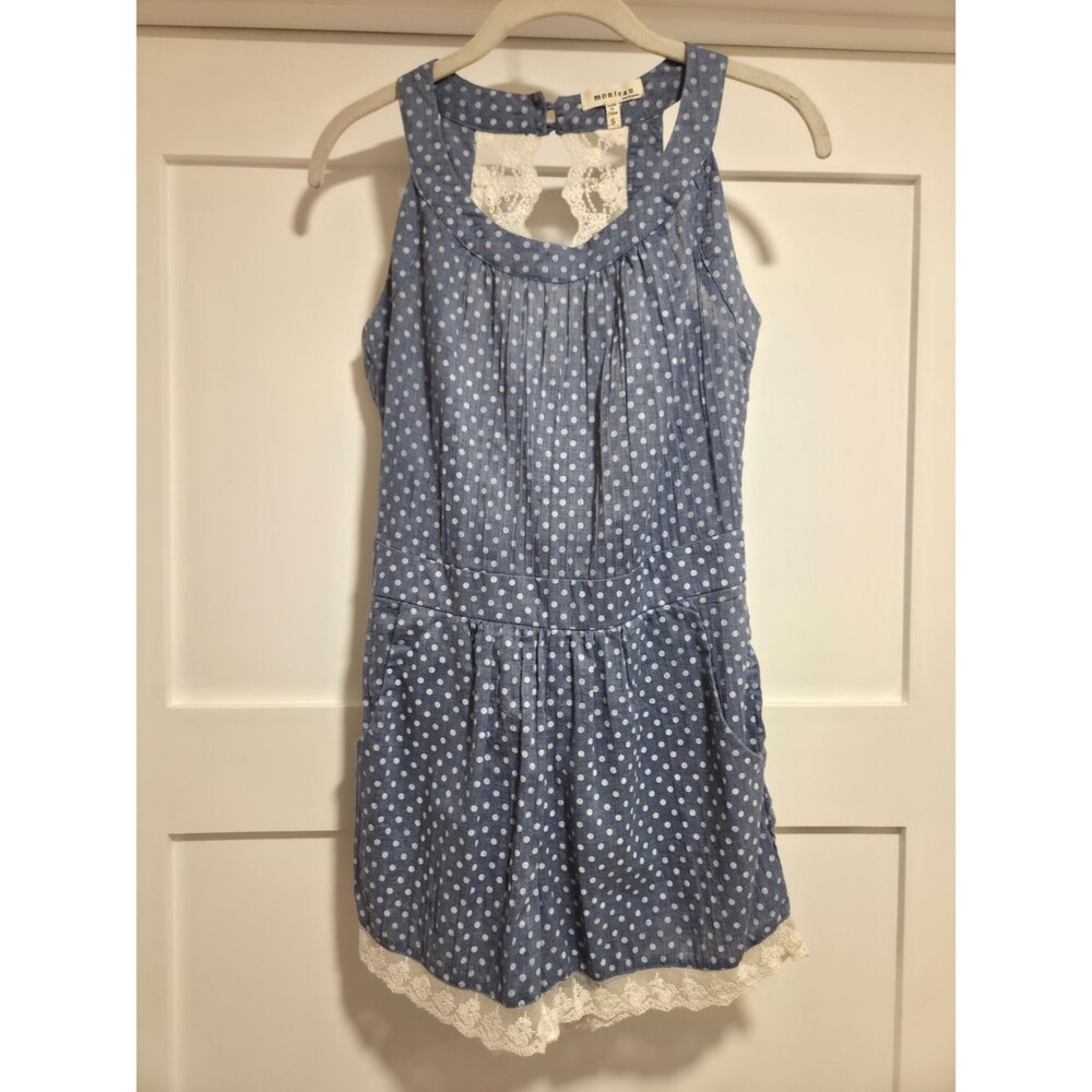Monteau LA Chambray Blue Polka Dot Lace Keyhole Back Romper Size S